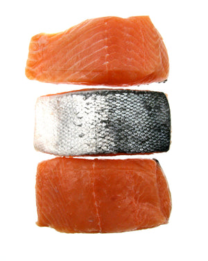 three salmon portions white background